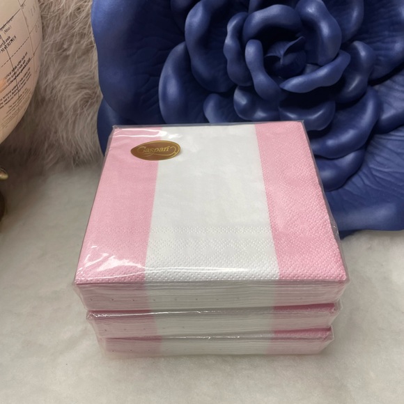 Lot of 3 pks Caspari Bandol Striped Petal Pink Cocktail Napkins. - Picture 3 of 4